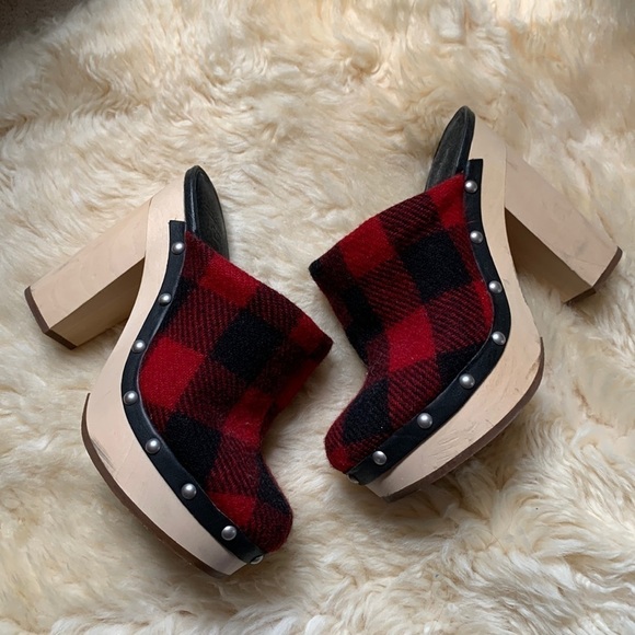 Woolrich Limited Edition Buffalo Check Plaid Flannel Wool Wooden Mules Clogs 7.5 - Picture 2 of 12